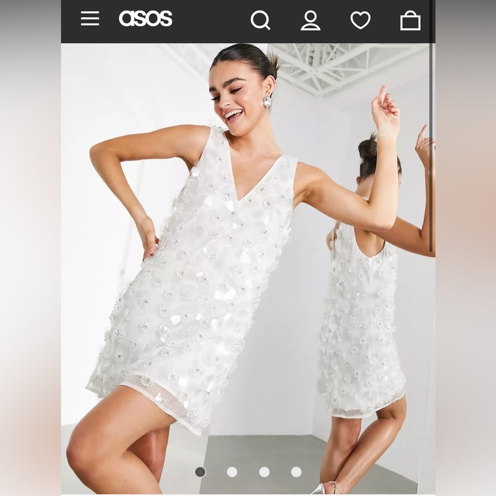 ASOS Edition mini shift dress with 3D floral embellishment in white